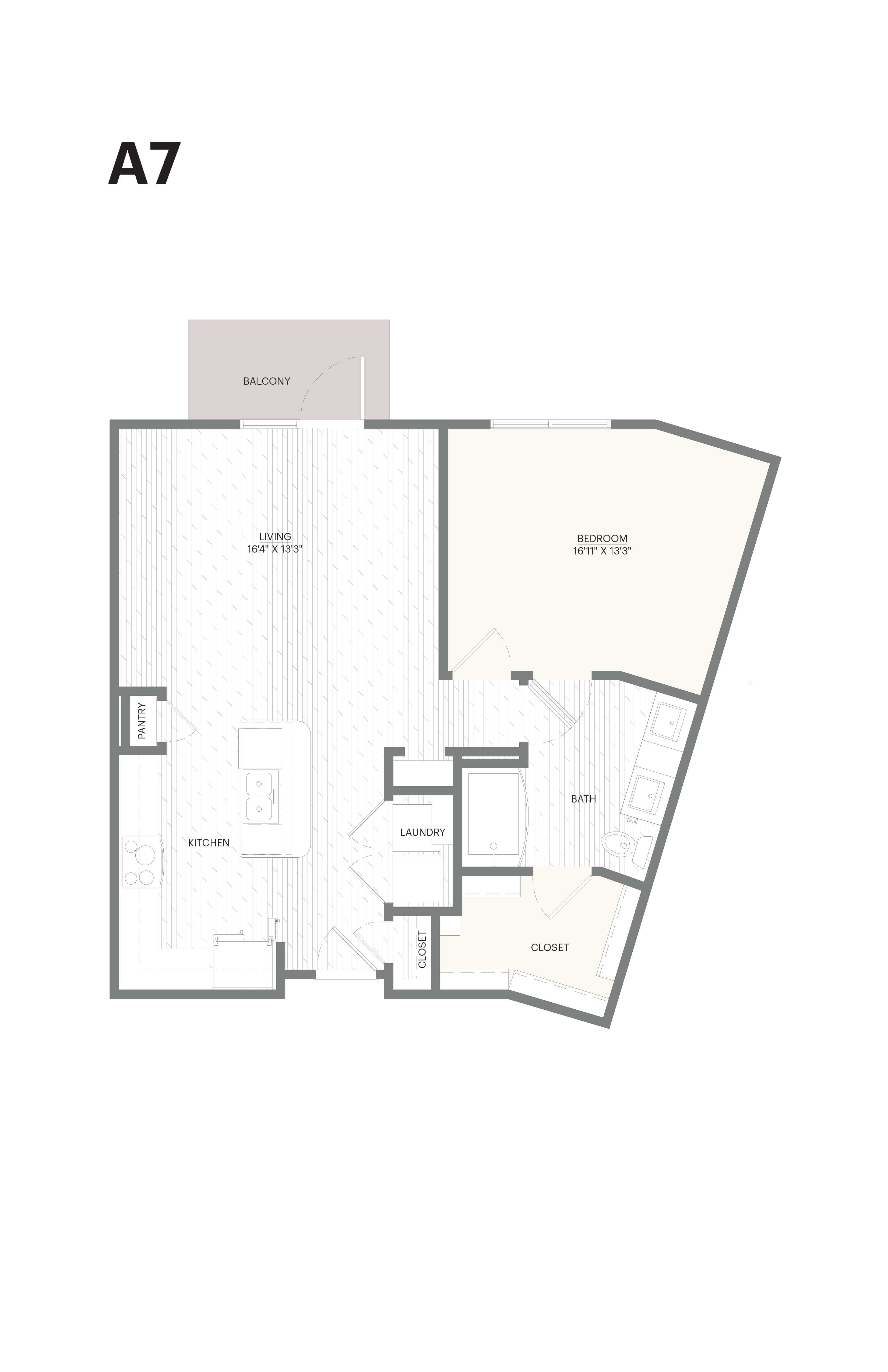 Floor plan for 1 bed, 1 bath, 840 sqft